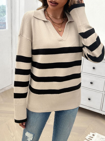 Striped Collared Neck Long Sleeve Sweater