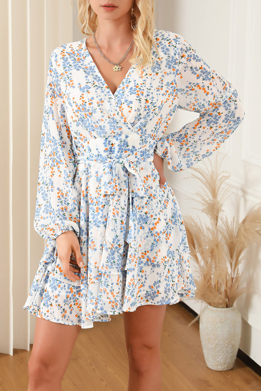 Printed Surplice Balloon Sleeve Mini Dress