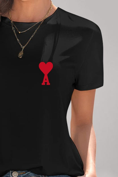 Heart Round Neck Short Sleeve T-Shirt