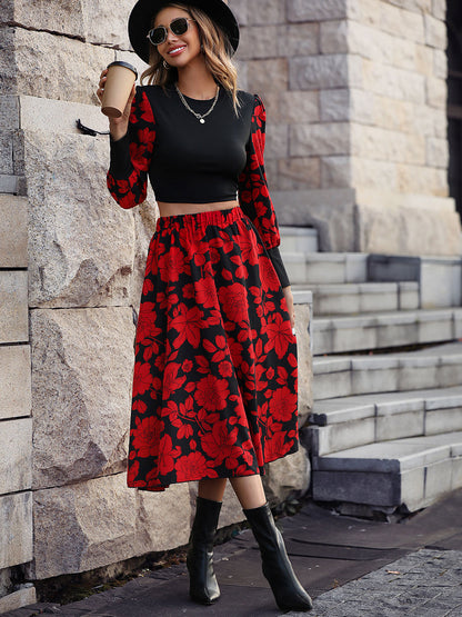 Round Neck Lantern Sleeve Floral Print Top and Skirt Set