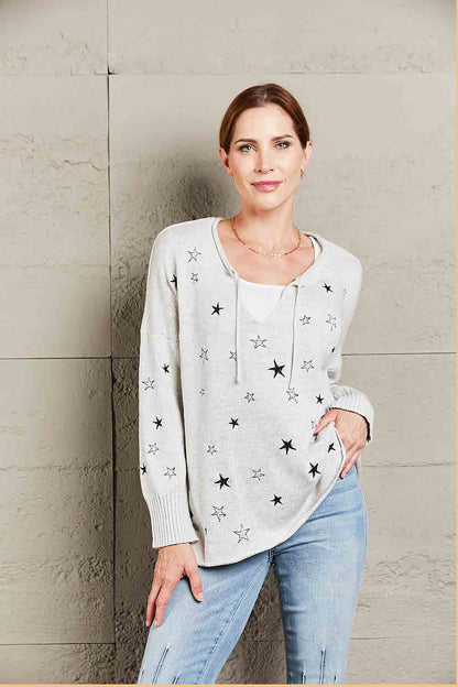 Woven Right Star V-Neck Roll Hem Drop Shoulder Sweater