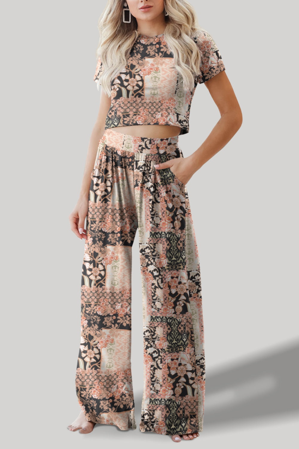 Printed Round Neck Short Sleeve Top and Pants Set