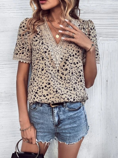 Full Size Printed V-Neck Short Sleeve Blouse