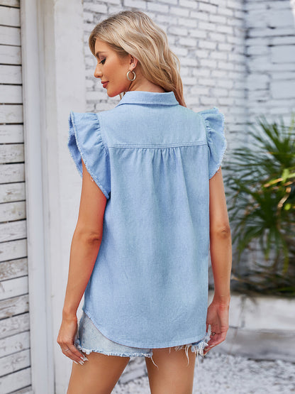 Raw Hem Ruffled Cap Sleeve Denim Top