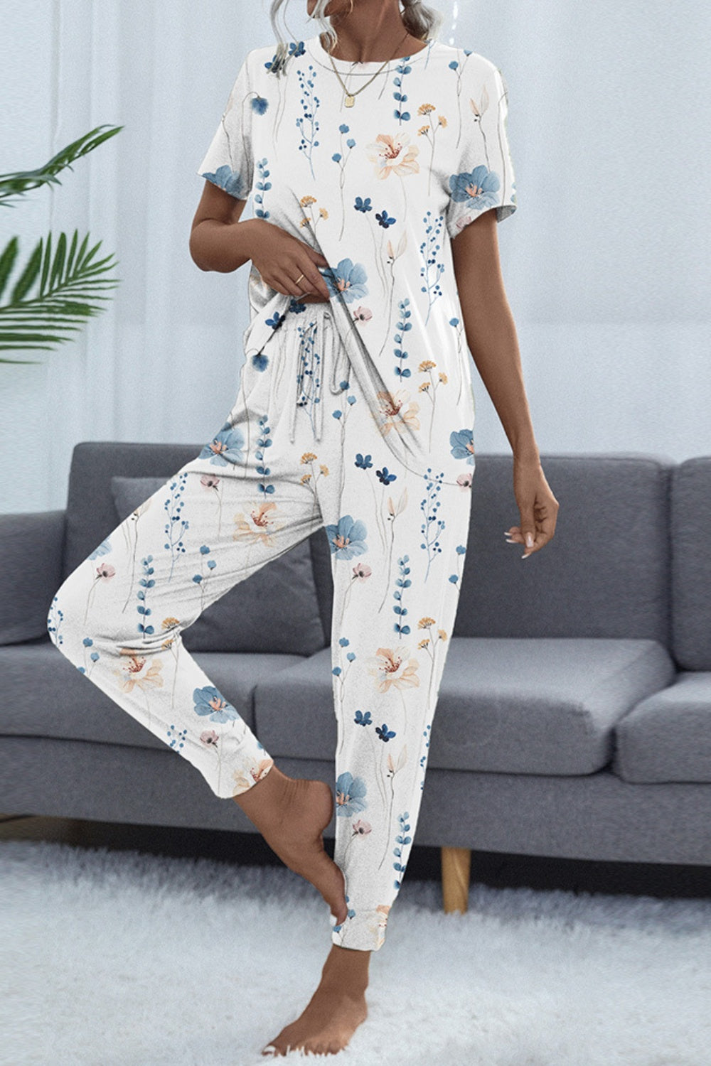 Printed Round Neck Top and Pants Set