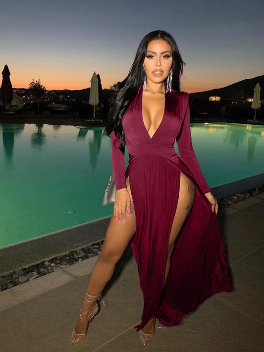 Slit Plunge Long Sleeve Dress