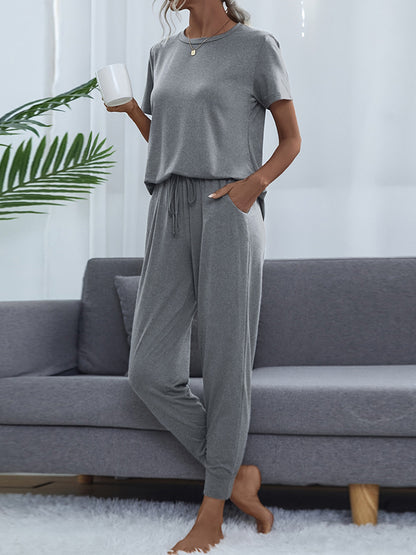 Round Neck Short Sleeve Top and Pants Set