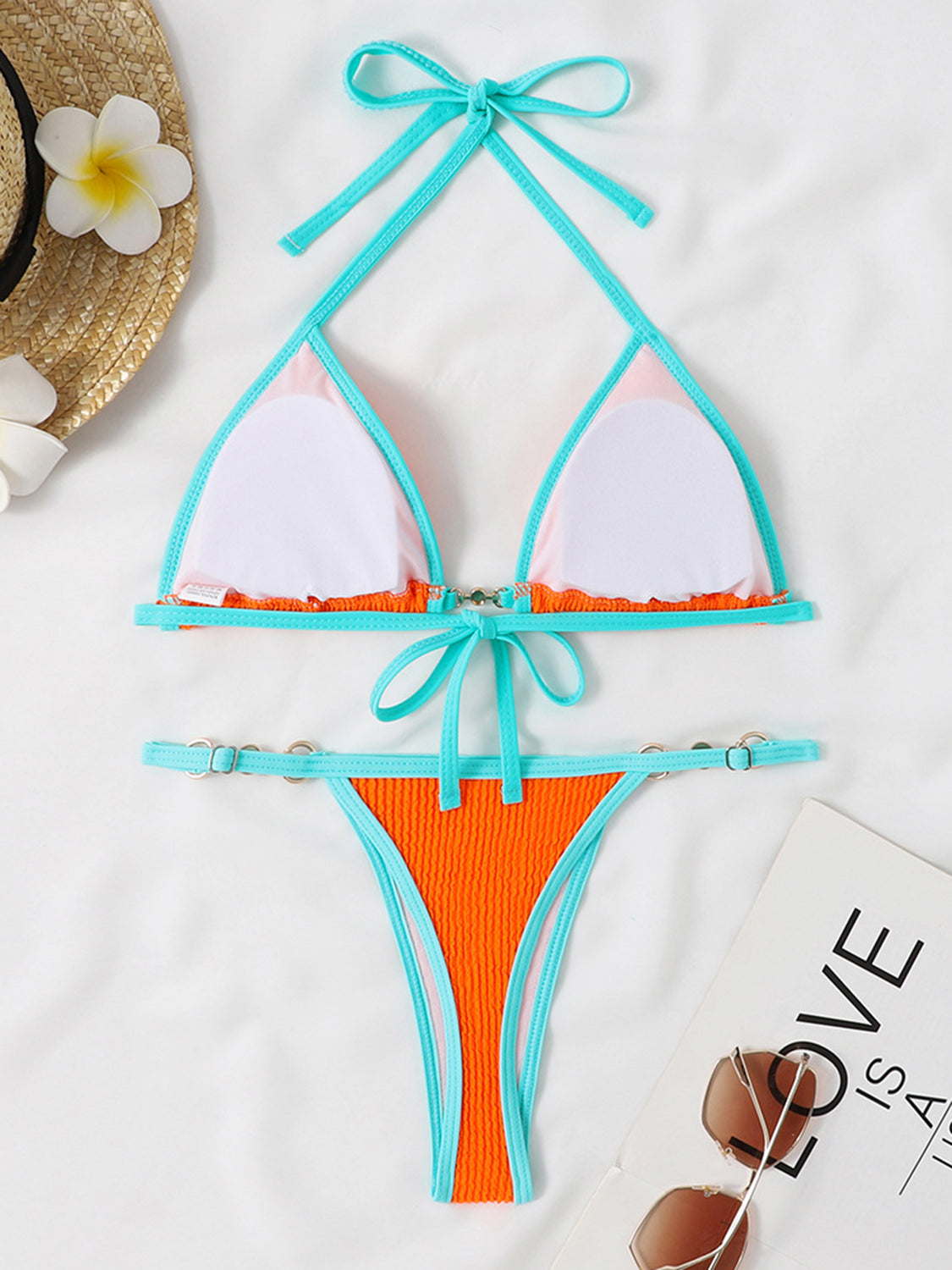 Textured Contrast Halter Neck Two-Piece Bikini Set