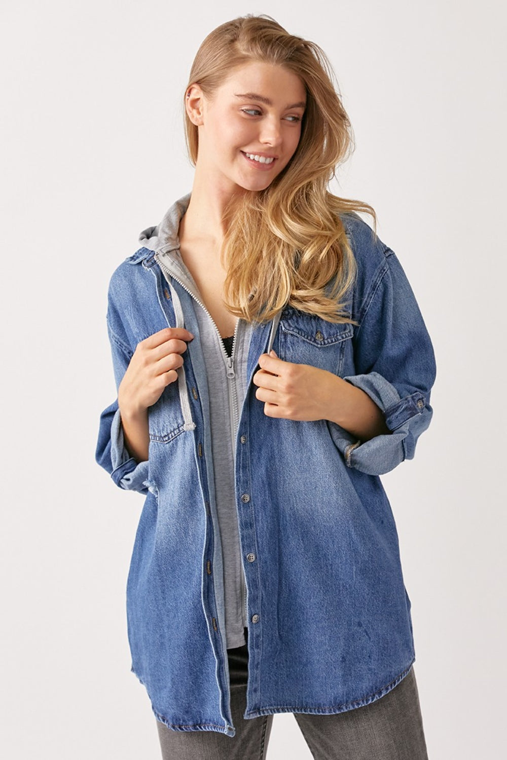 RISEN Zip Up Hooded Denim Shirt