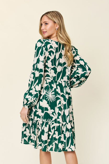 Double Take Full Size Printed Ruffle Hem Long Sleeve Dress