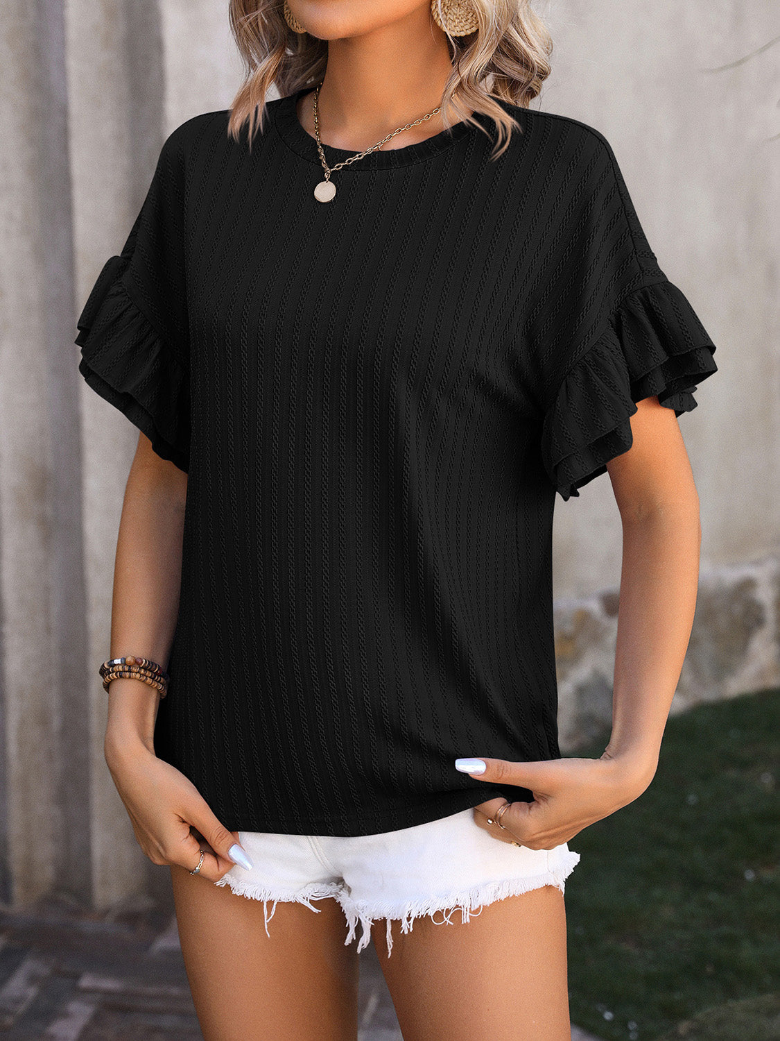 Ruffled Round Neck Short Sleeve Top