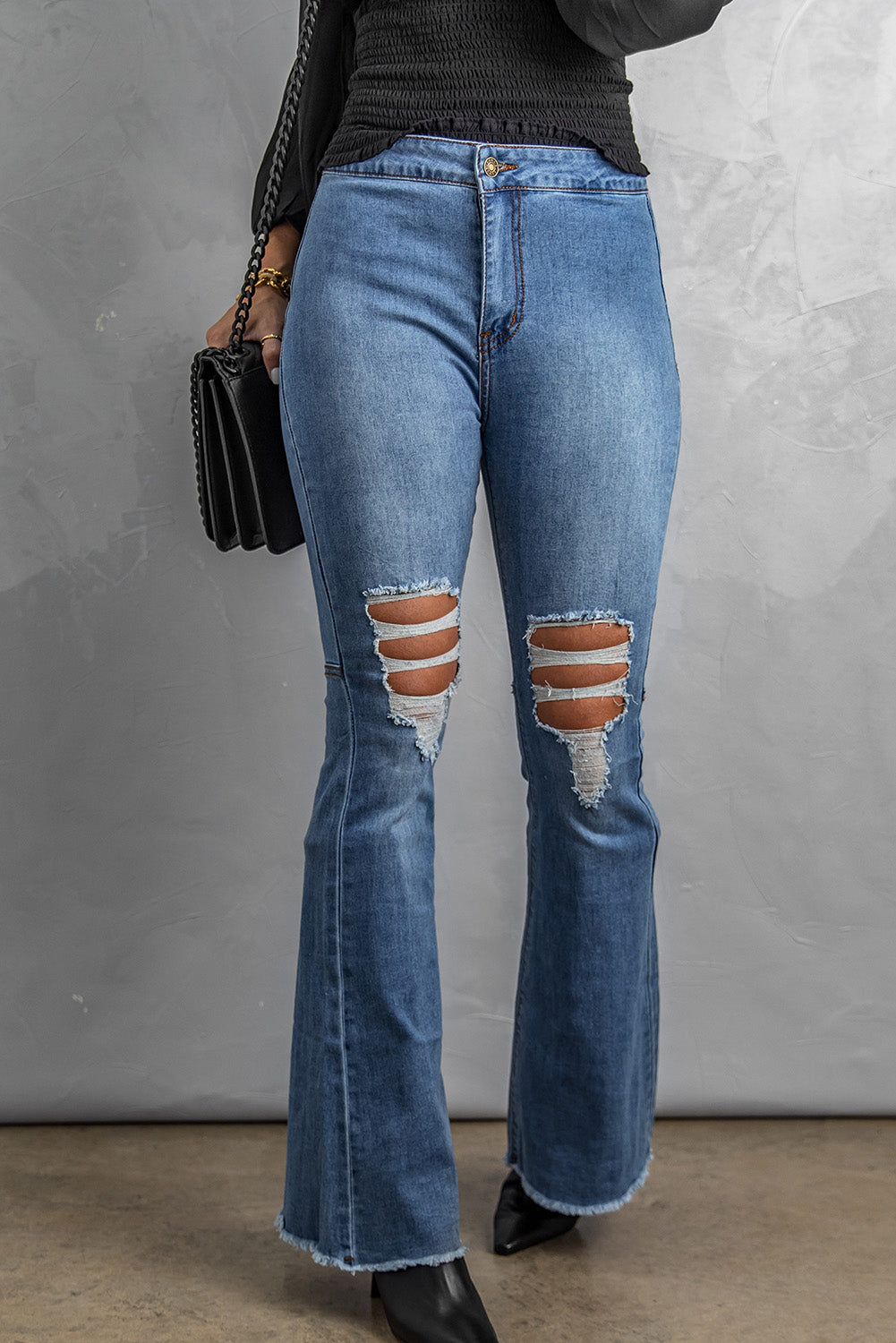 Baeful Distressed Raw Hem High-Waist Flare Jeans