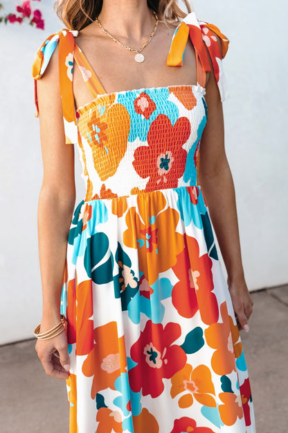 Smocked Printed Square Neck Dress