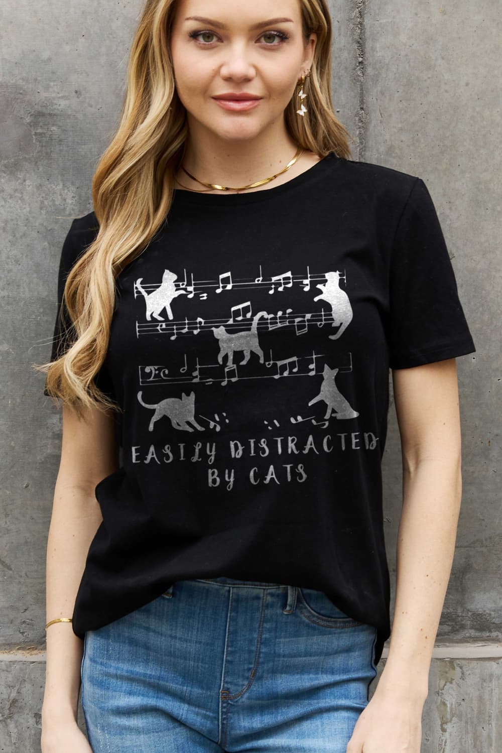 Simply Love Full Size EASILY DISTRACTED BY CATS Graphic Cotton Tee