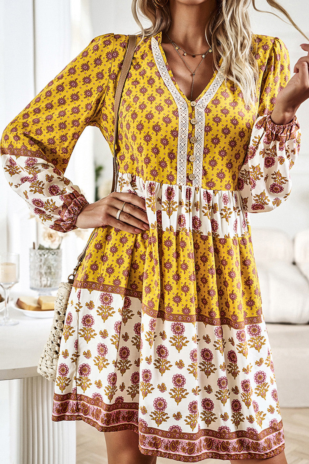 Printed V-Neck Long Sleeve Dress