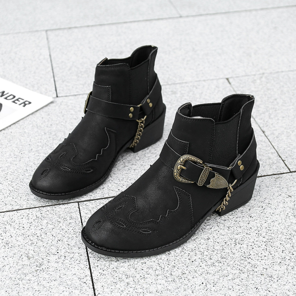 Chain PU Leather Block Heel Boots