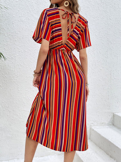 Slit Striped V-Neck Short Sleeve Midi Dress