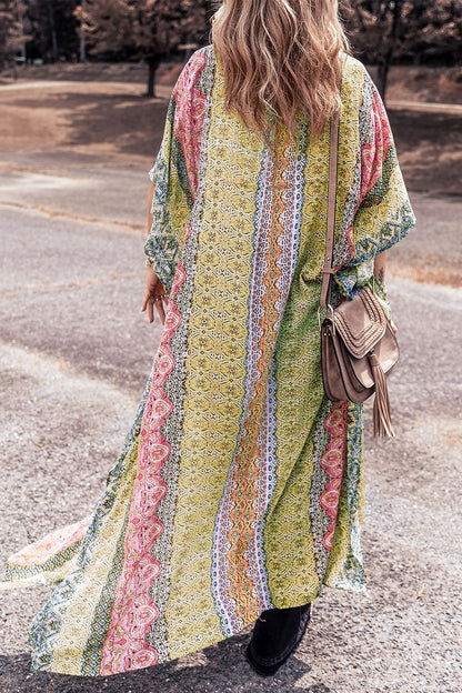 Drawstring Printed Kimono Sleeve Cover Up