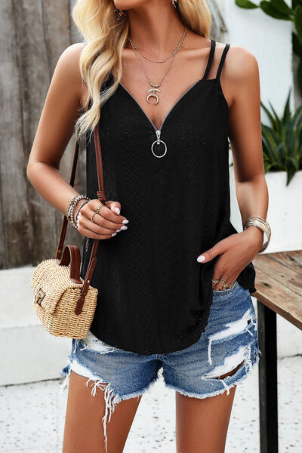 Eyelet V-Neck Double Spaghetti Straps Cami