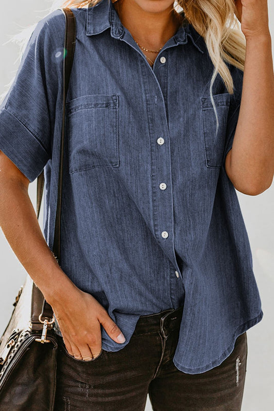 Pocketed Button Up Short Sleeve Denim Shirt