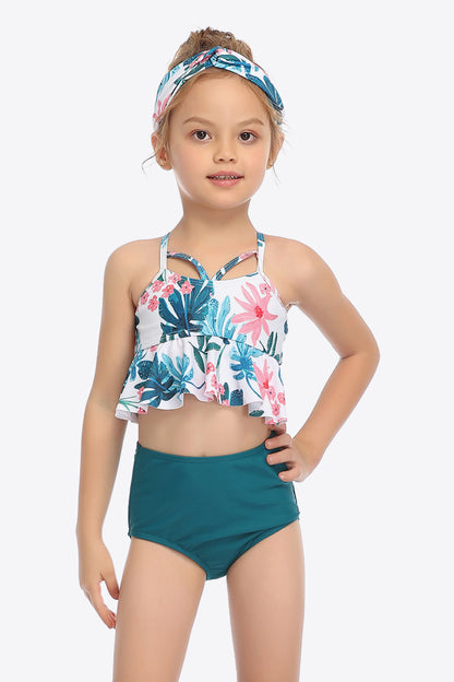 Botanical Print Crisscross Ruffled Two-Piece Swim Set