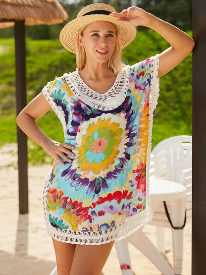 Openwork Printed Round Neck Cover Up