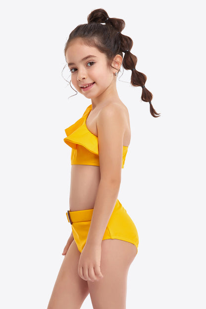 Ruffled One-Shoulder Buckle Detail Two-Piece Swim Set