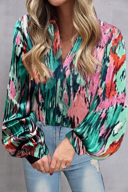 Printed V-Neck Long Sleeve Blouse