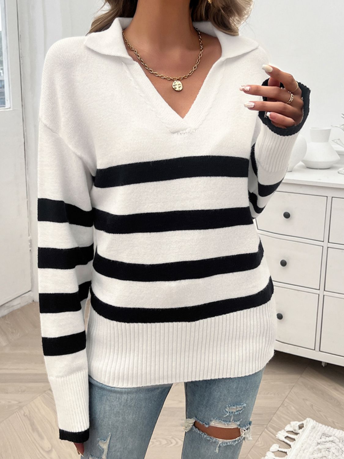 Striped Collared Neck Long Sleeve Sweater