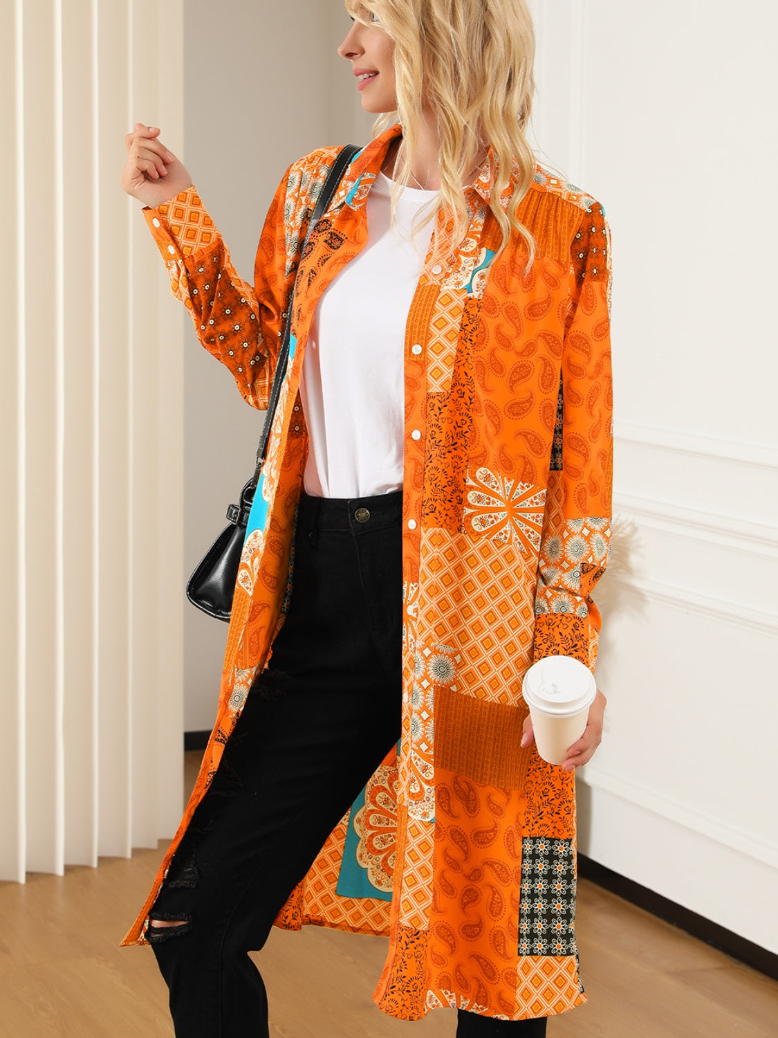 Printed Button Up Long Sleeve Shirt Dress