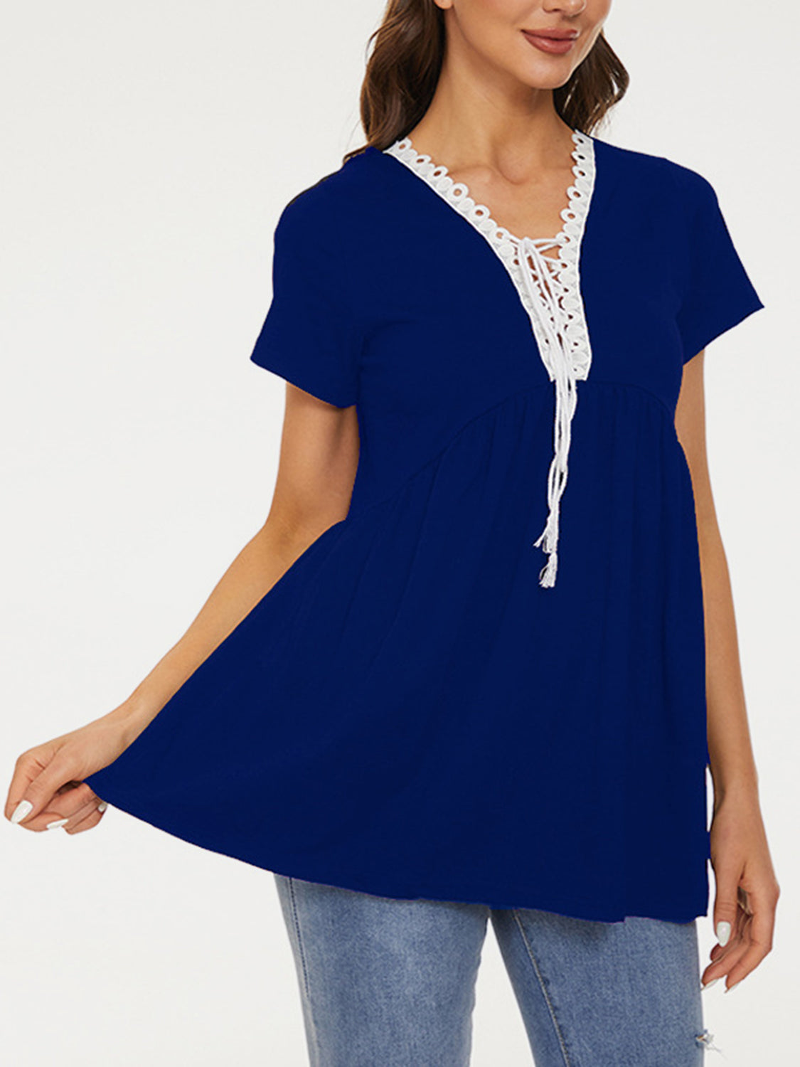 Lace Detail Tie Neck Short Sleeve T-Shirt