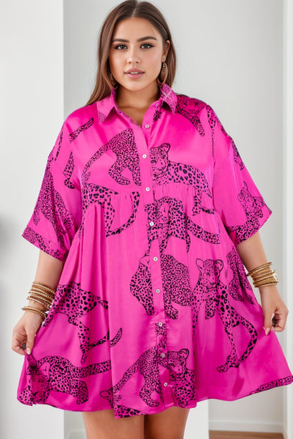 Plus Size Tiger Printed Button Up Half Sleeve Dress