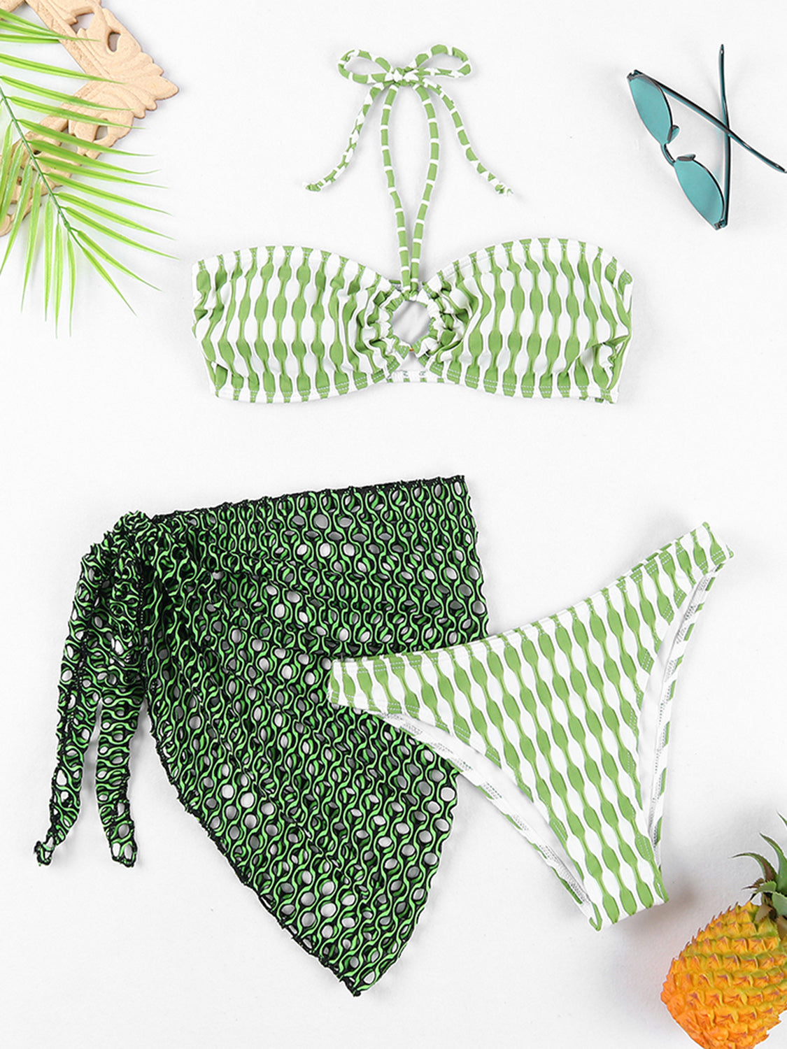 Geometric Halter Neck Three-Piece Swim Set