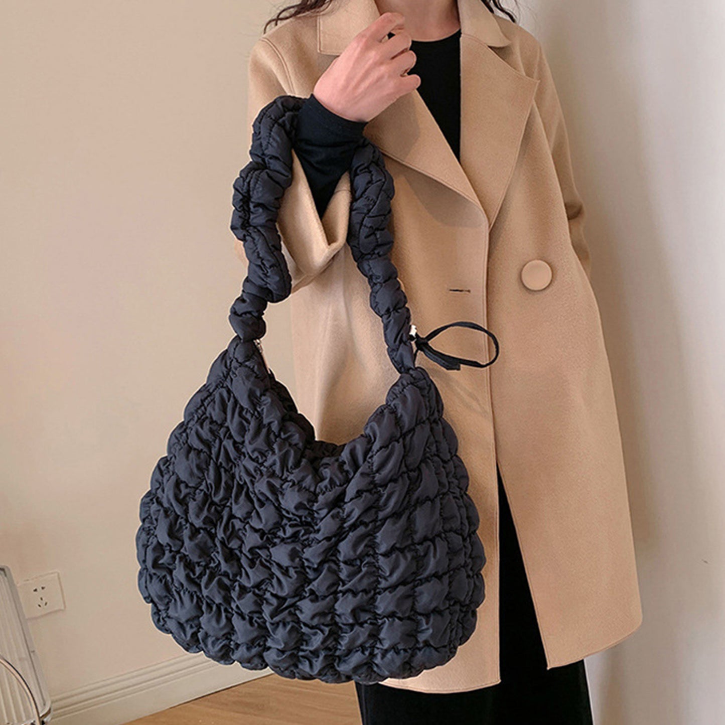 Drawstring Adjustable Strap Quilted Shoulder Bag