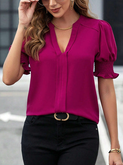 Notched Short Sleeve Blouse