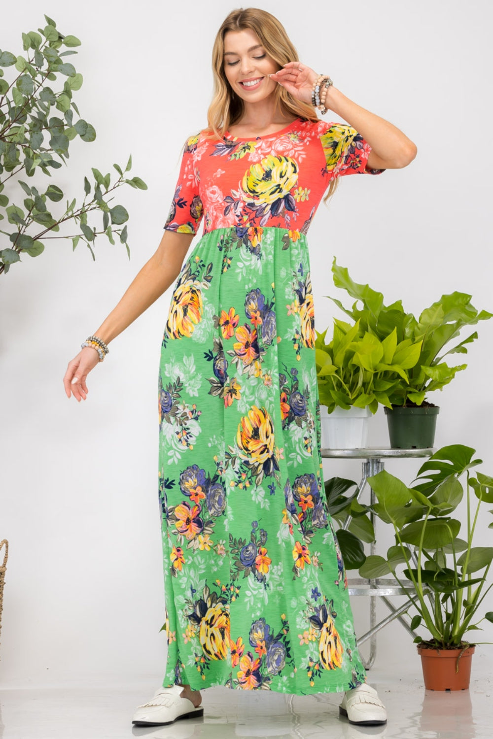 Celeste Full Size Printed Round Neck Short Sleeve Maxi Dress