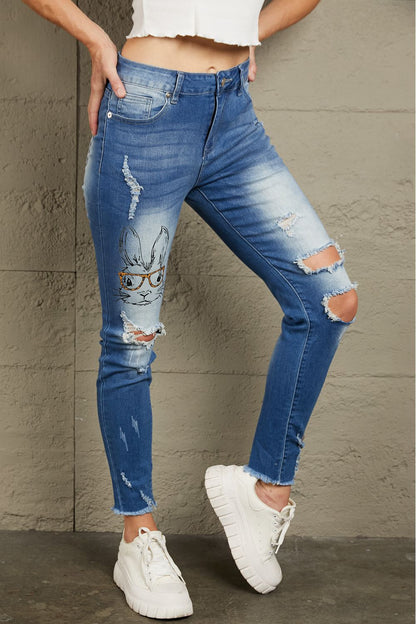 Baeful Easter Distressed Frayed Hem Jeans