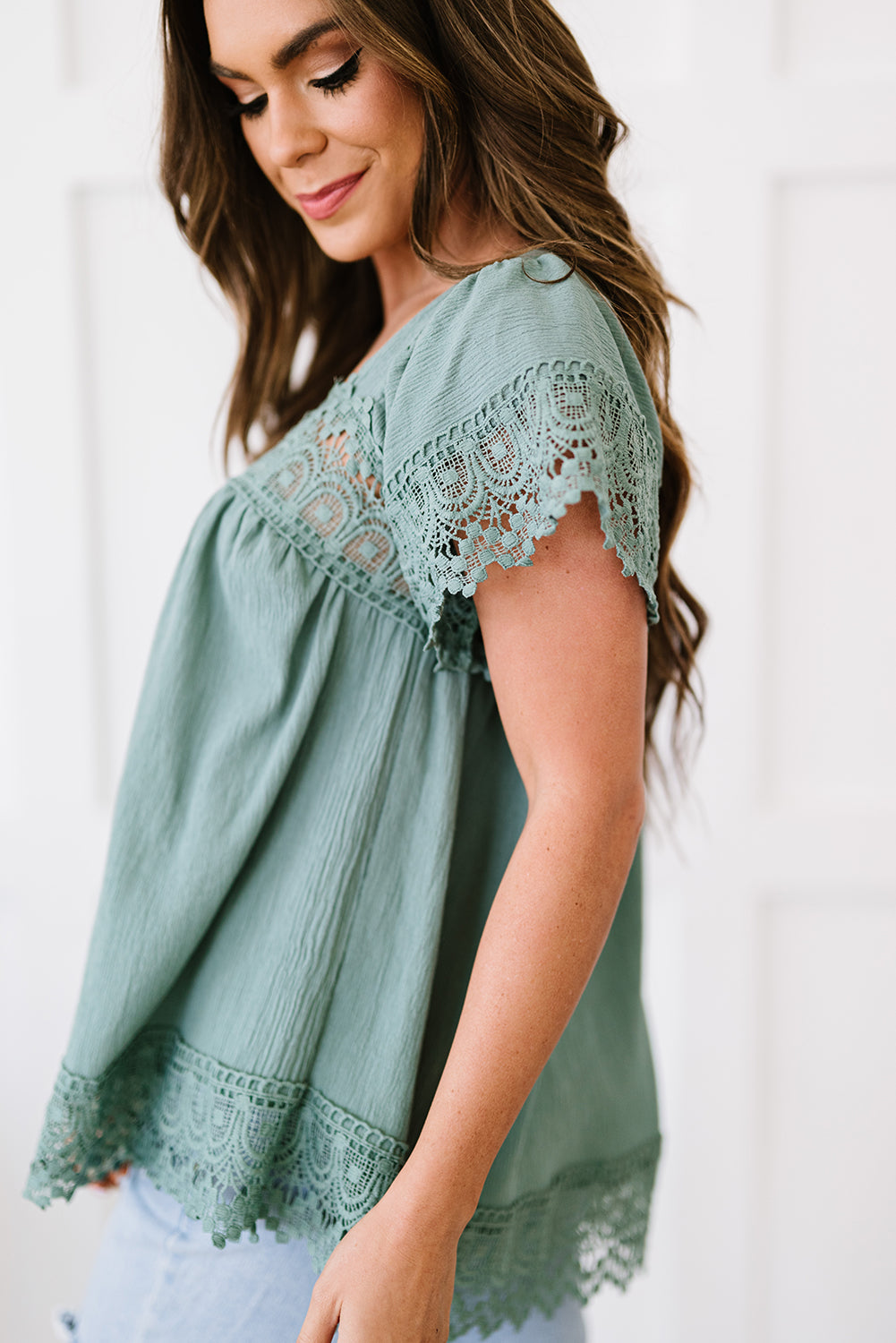 Lace Detail Square Neck Short Sleeve Blouse