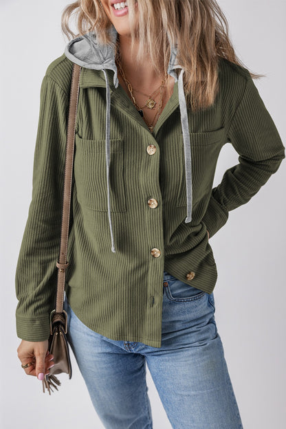 Drawstring Button Up Long Sleeve Hooded Jacket