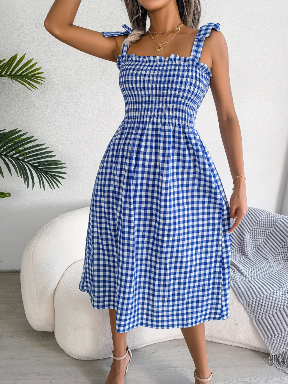 Frill Plaid Square Neck Midi Dress