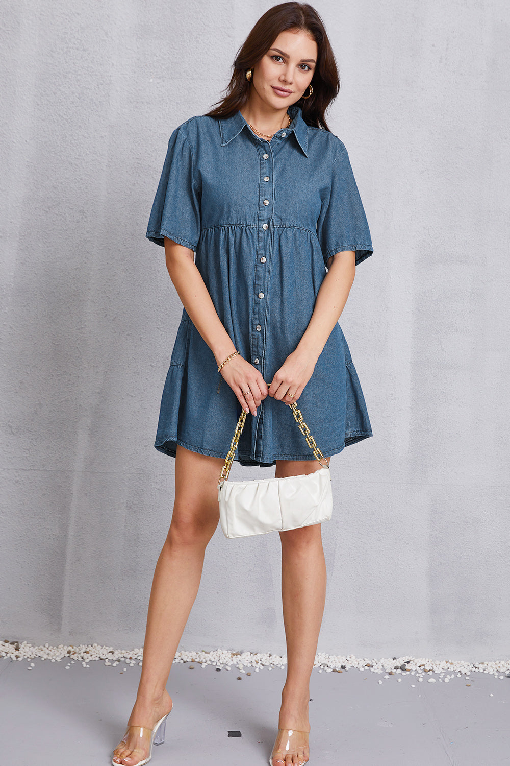 Button Up Collared Neck Tiered Denim Dress