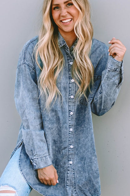 Button Up Dropped Shoulder Denim Top