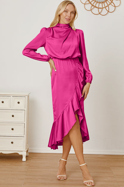 Mock Neck Ruffled Asymmetrical Dress