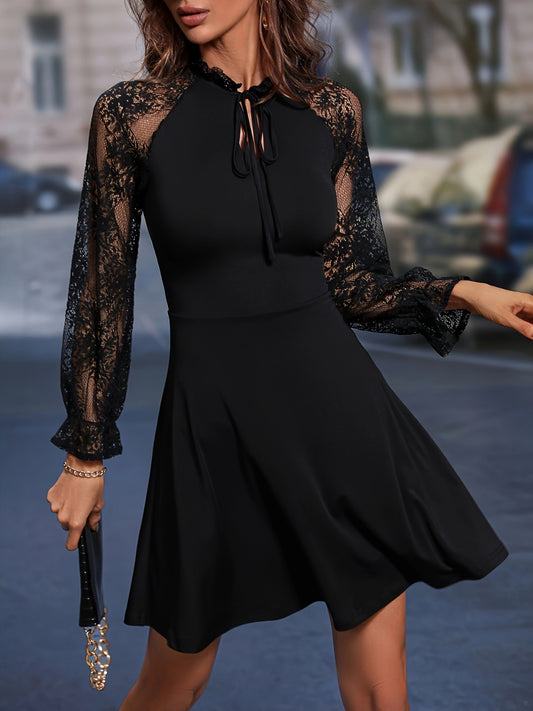 Lace Tie Neck Flounce Sleeve Dress