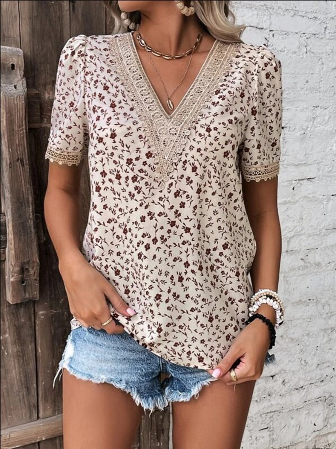 Full Size Printed V-Neck Short Sleeve Blouse