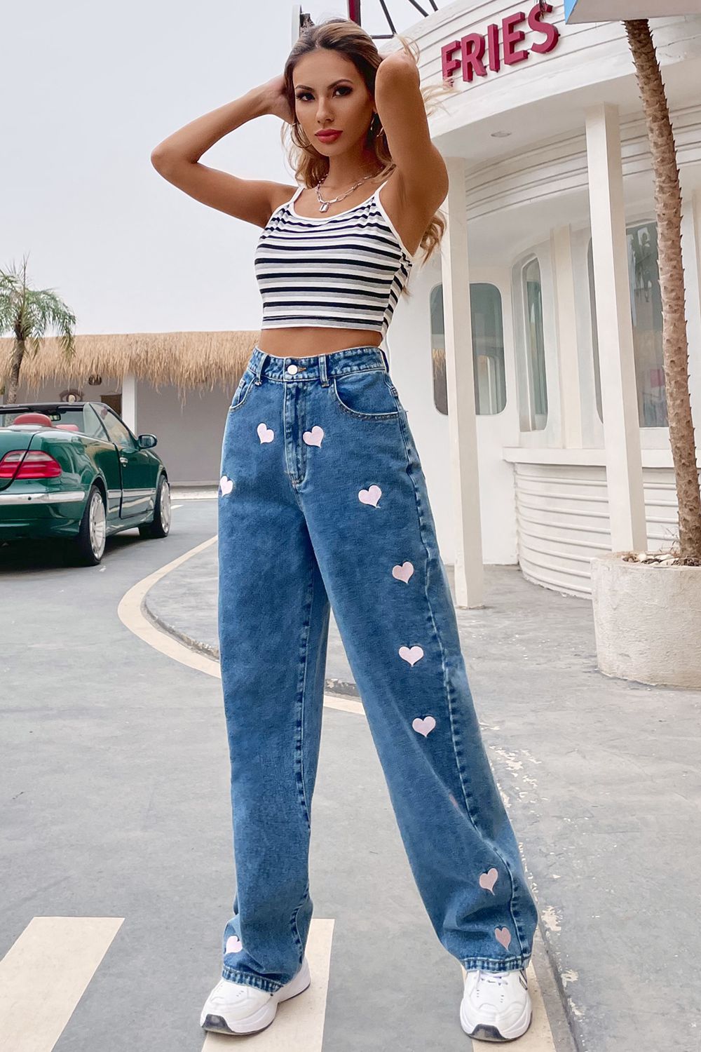 Heart Print Buttoned Jeans