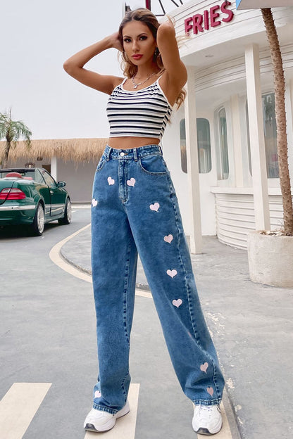 Heart Print Buttoned Jeans