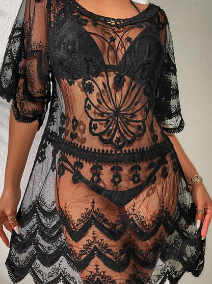 Lace Round Neck Half Sleeve Cover-Up