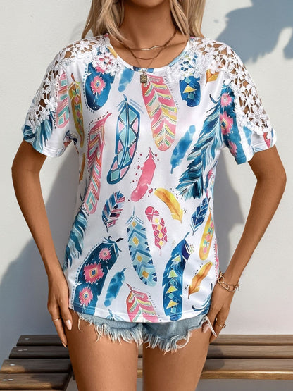 Printed Round Neck Lace Short Sleeve Top