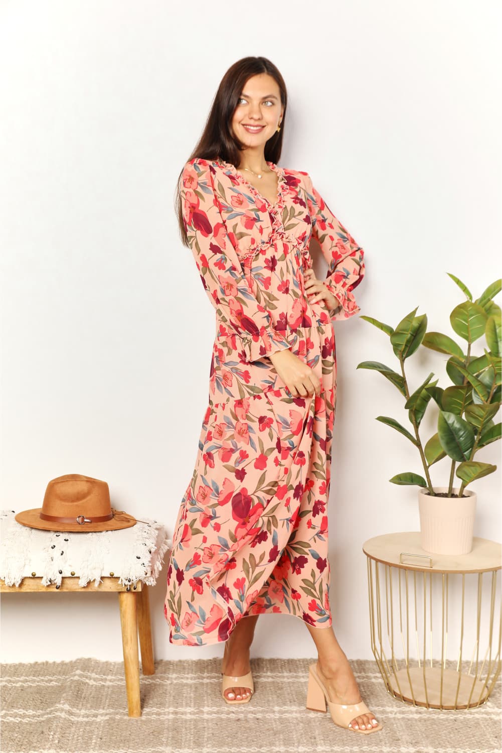 Double Take Floral Frill Trim Flounce Sleeve Plunge Maxi Dress